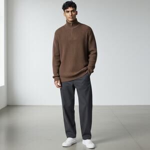 Arrow Men’s L Quarter Zip Sweater Brown Mock Neck Rib Knit Pullover 100% Cotton